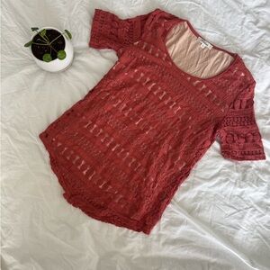 Wolven Deep Orange Red Crochet Short Sleeve Top, size Small